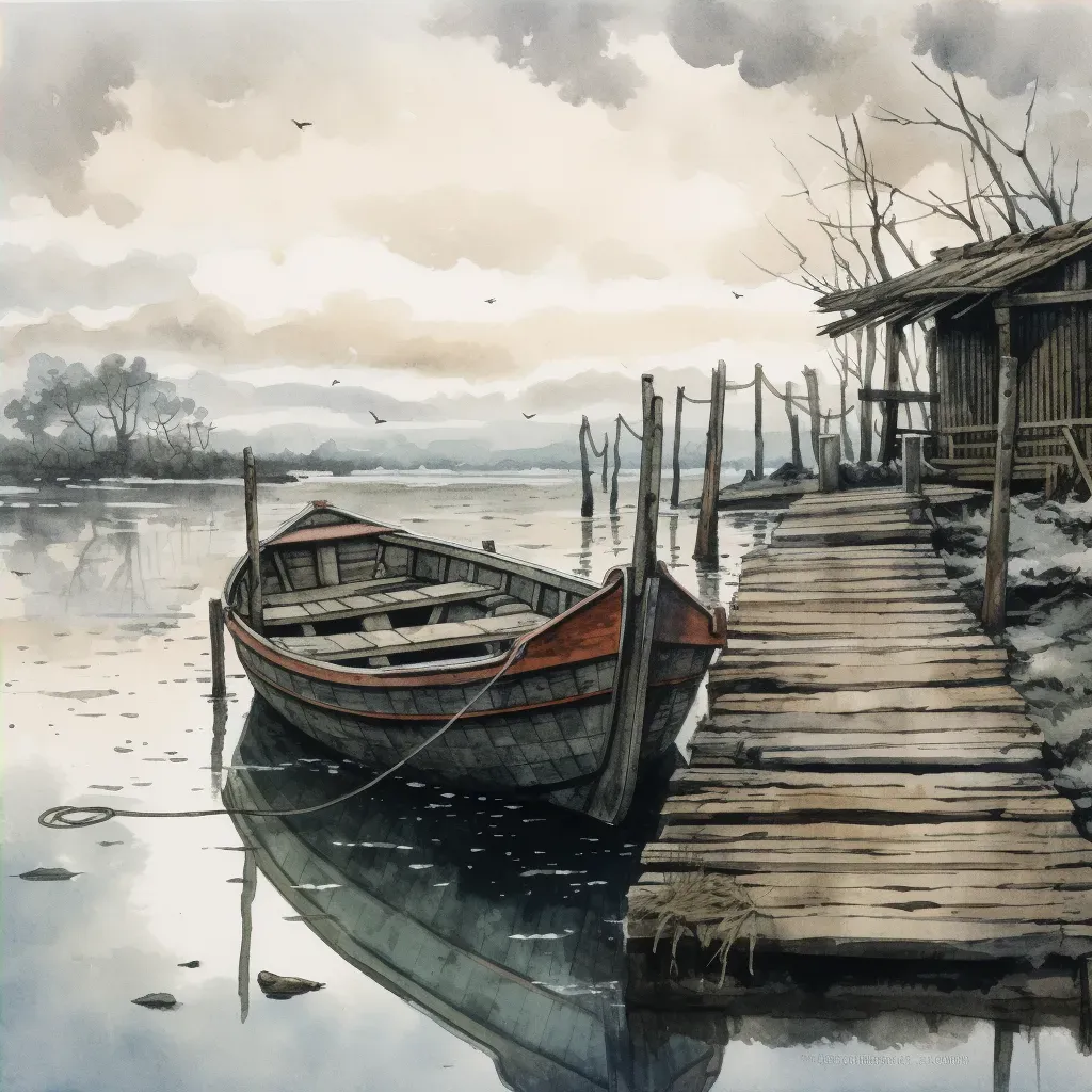 Weather-beaten boat tied to a lonely dock, with a vast, calm lake in the background - Image 4