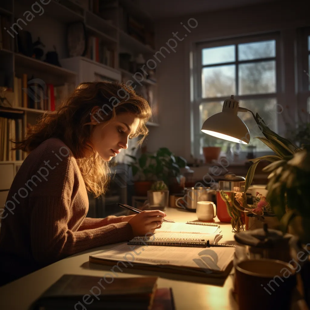 A woman reviewing a planner while making calls in the evening light. - Image 1