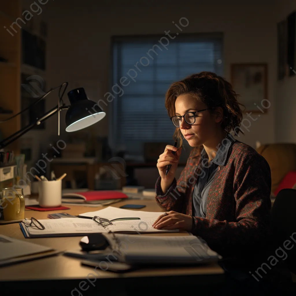 A woman reviewing a planner while making calls in the evening light. - Image 4