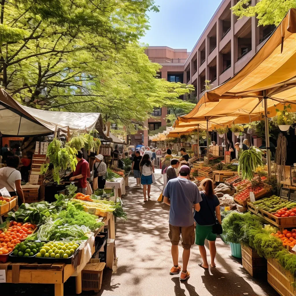 Urban farmers market with vendors and shoppers in a vibrant setting - Image 1