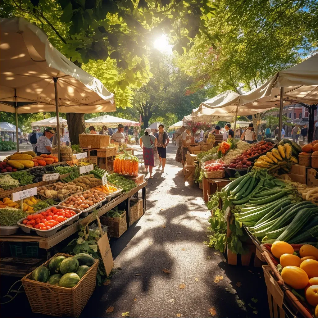 Urban farmers market with vendors and shoppers in a vibrant setting - Image 2