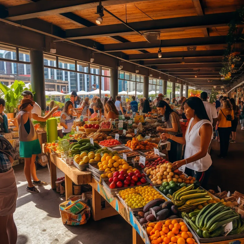 Urban farmers market with vendors and shoppers in a vibrant setting - Image 3