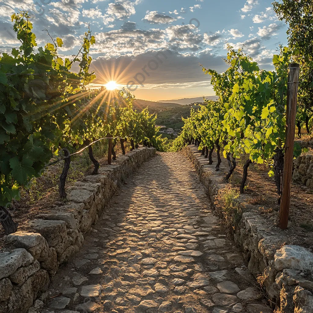 Ancient pathway in vineyard with sunlit grapevines - Image 1