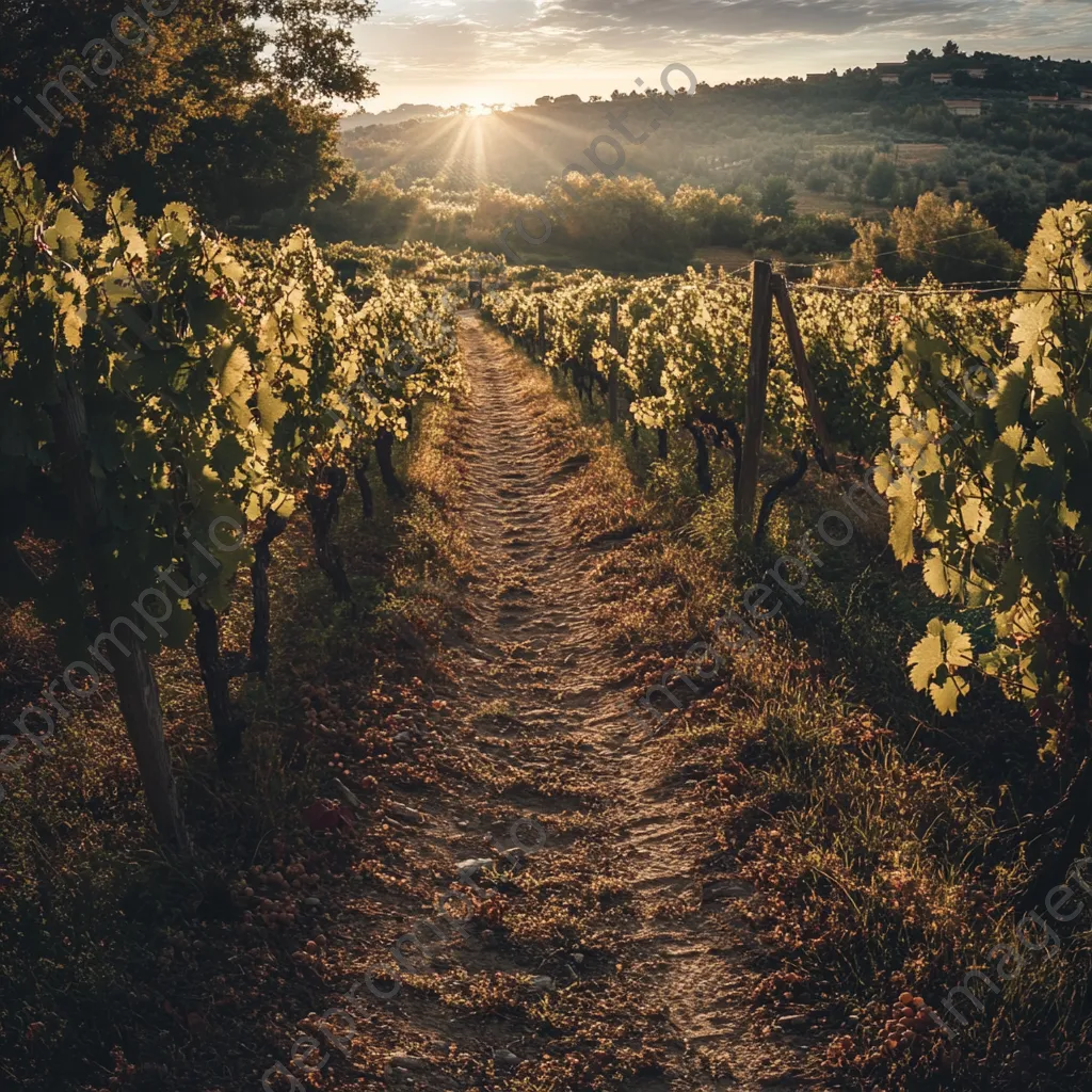 Ancient pathway in vineyard with sunlit grapevines - Image 3