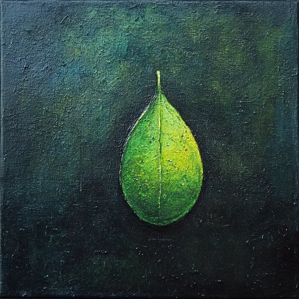 Colorful minimalistic oil painting focusing on a single raindrop on a leaf - Image 4