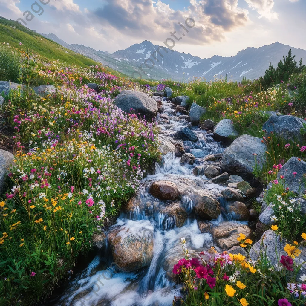 Panoramic view of wildflowers on mountain slopes at dawn - Image 2