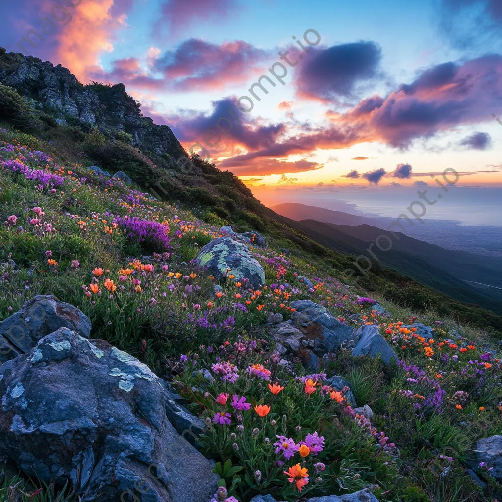 Panoramic view of wildflowers on mountain slopes at dawn - Image 4