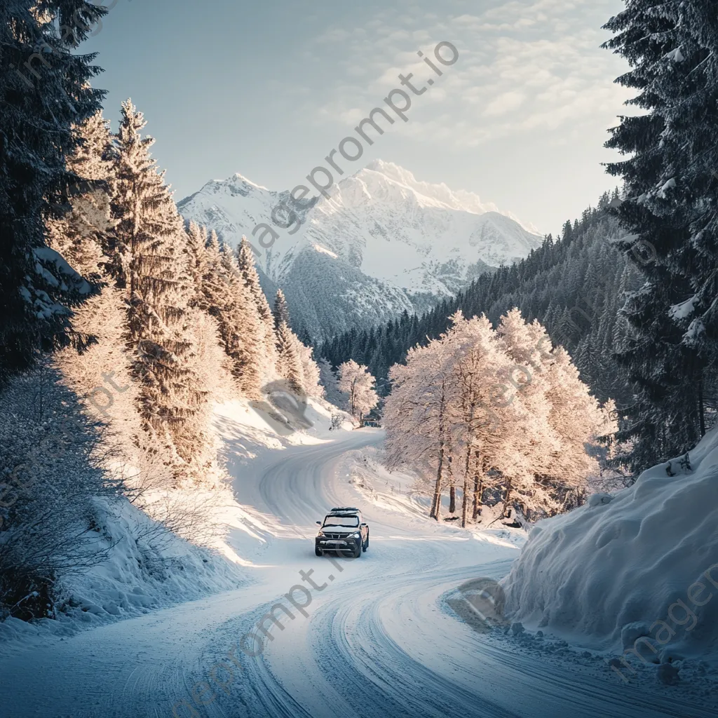 Snow-covered mountain pass with vehicle and icy trees - Image 1