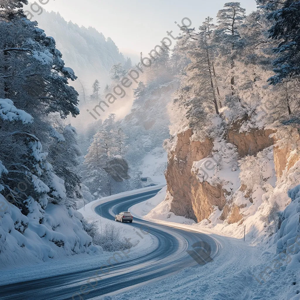 Snow-covered mountain pass with vehicle and icy trees - Image 2