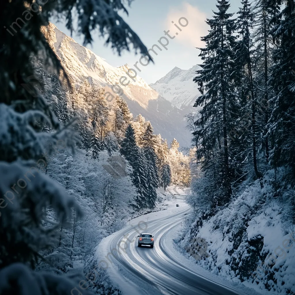 Snow-covered mountain pass with vehicle and icy trees - Image 3