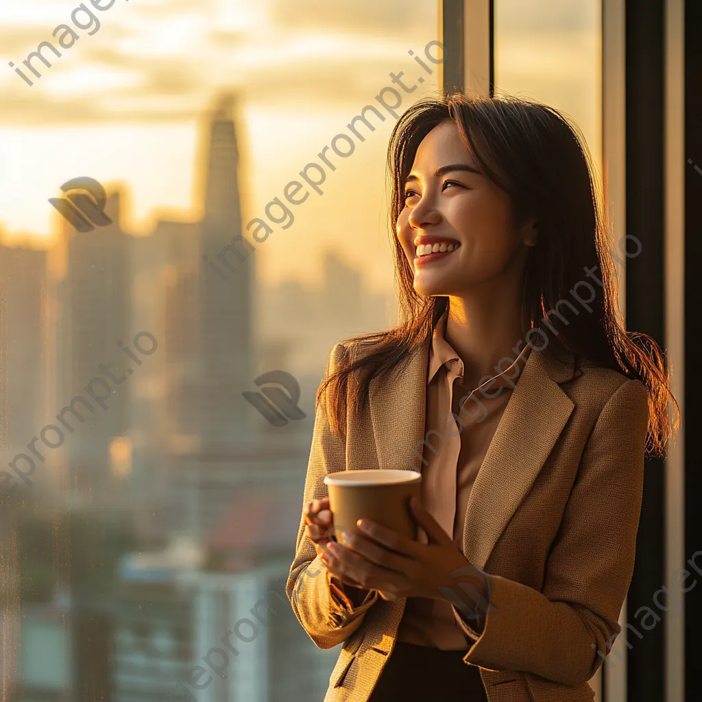 Office worker enjoying coffee while standing by a window with a city skyline - Image 1