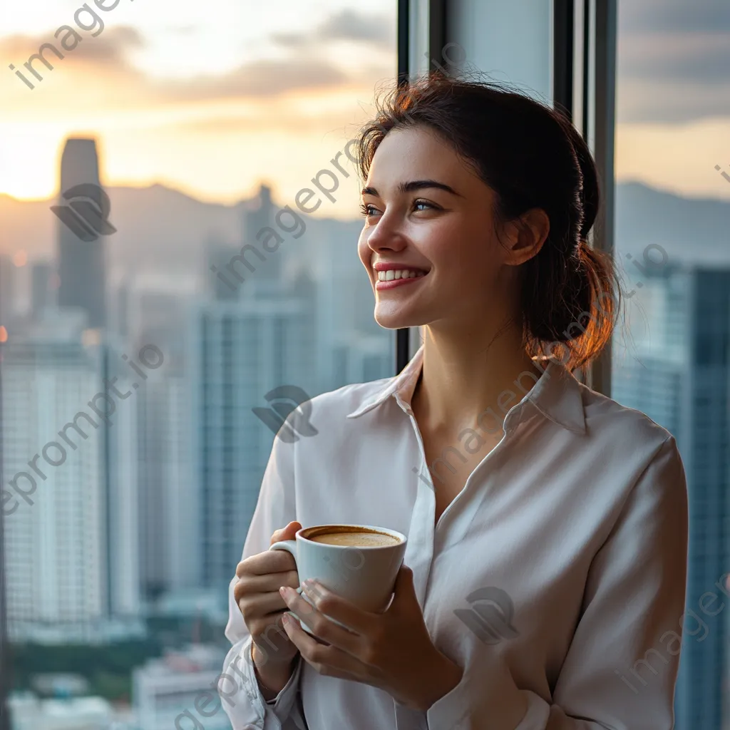 Office worker enjoying coffee while standing by a window with a city skyline - Image 2