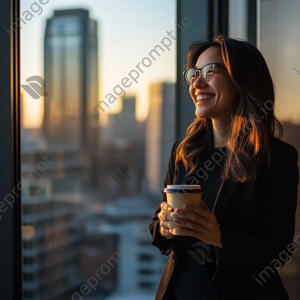 Office worker enjoying coffee while standing by a window with a city skyline - Image 4