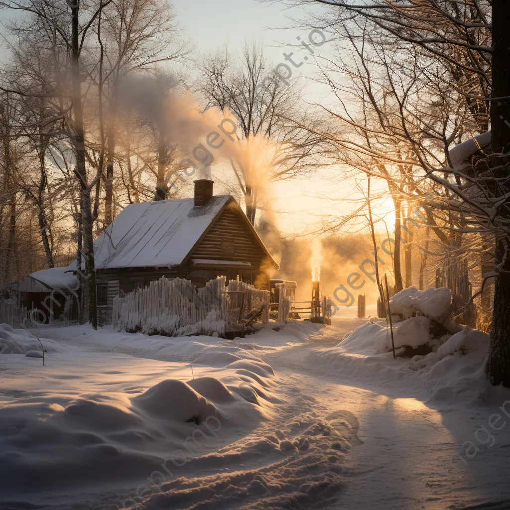 Snow-covered sugar shack surrounded by maple trees in winter - Image 1