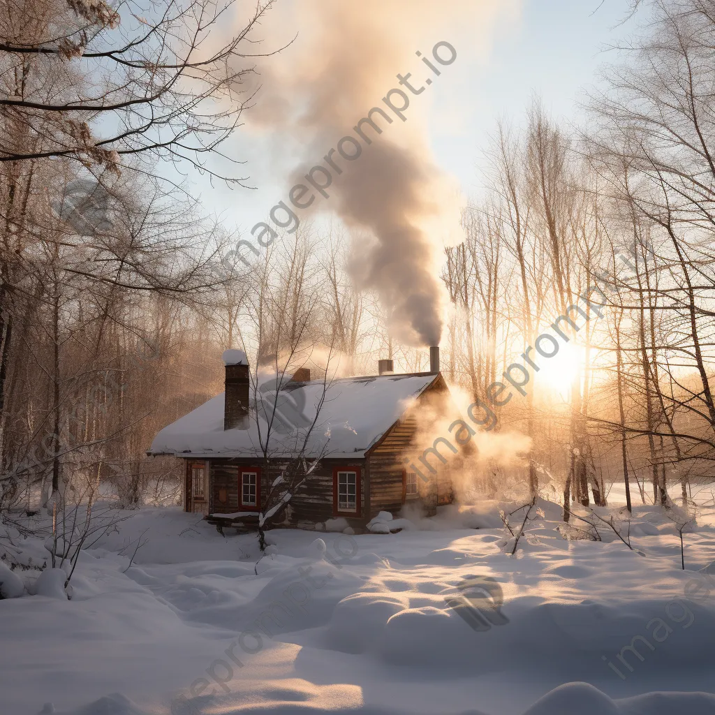 Snow-covered sugar shack surrounded by maple trees in winter - Image 2