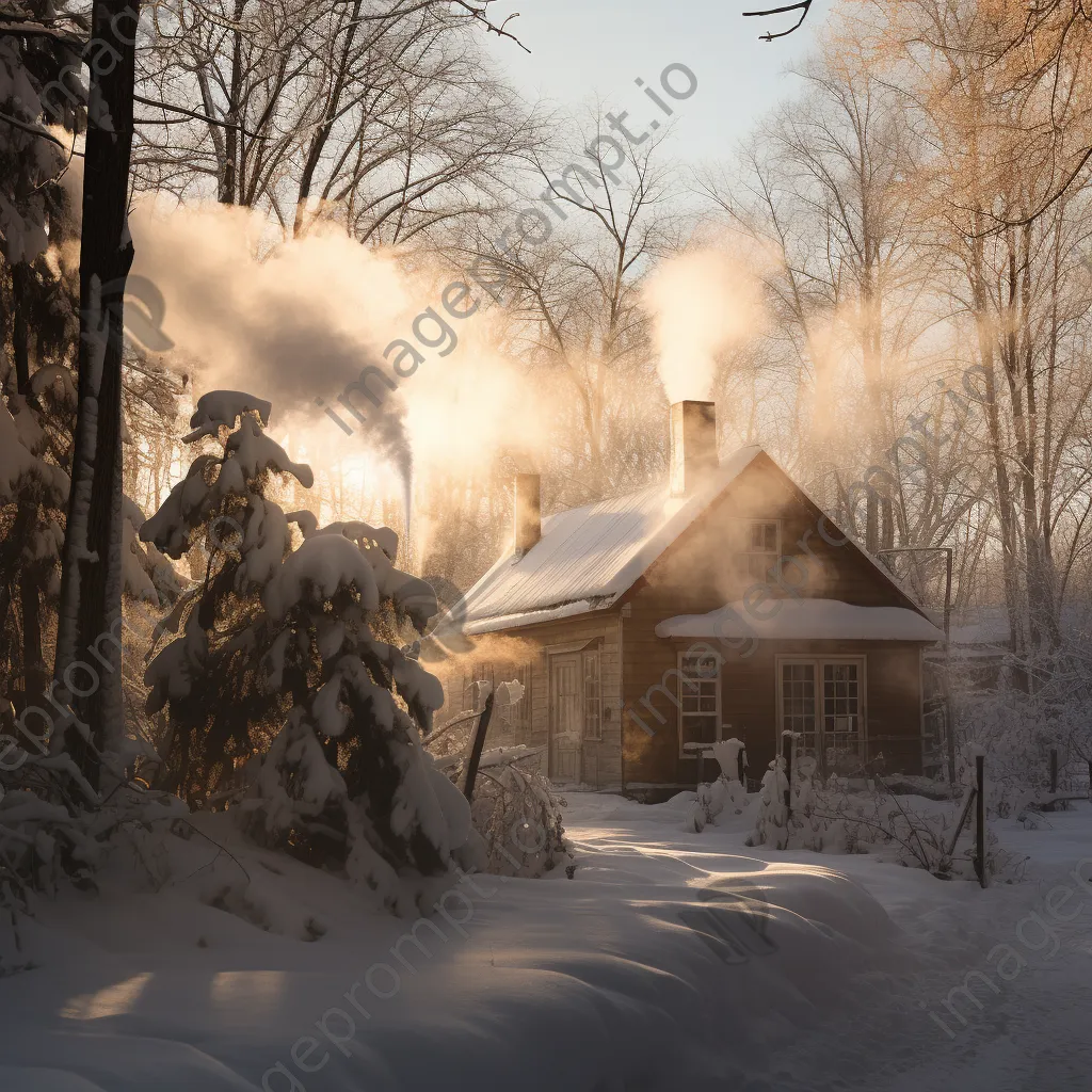 Snow-covered sugar shack surrounded by maple trees in winter - Image 3