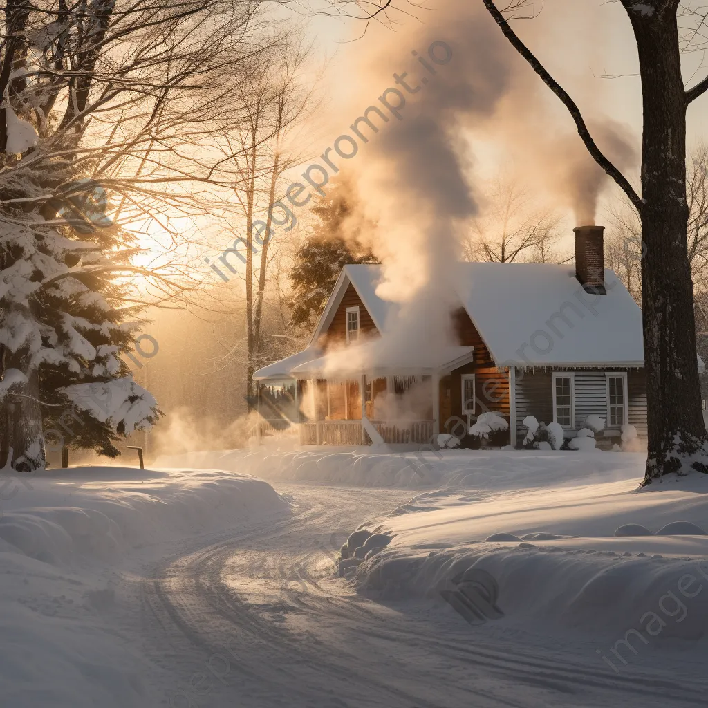 Snow-covered sugar shack surrounded by maple trees in winter - Image 4