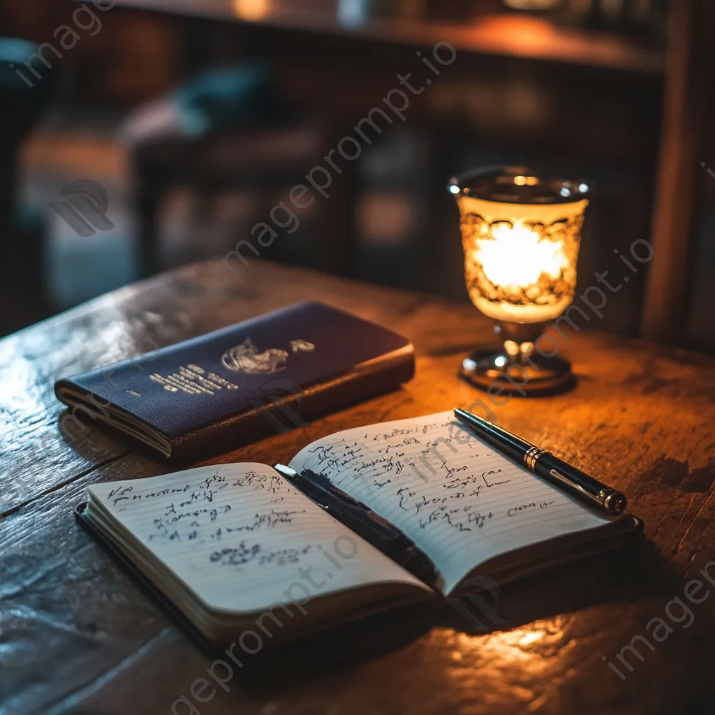 Close-up of a travel journal and passport on a wooden table - Image 1