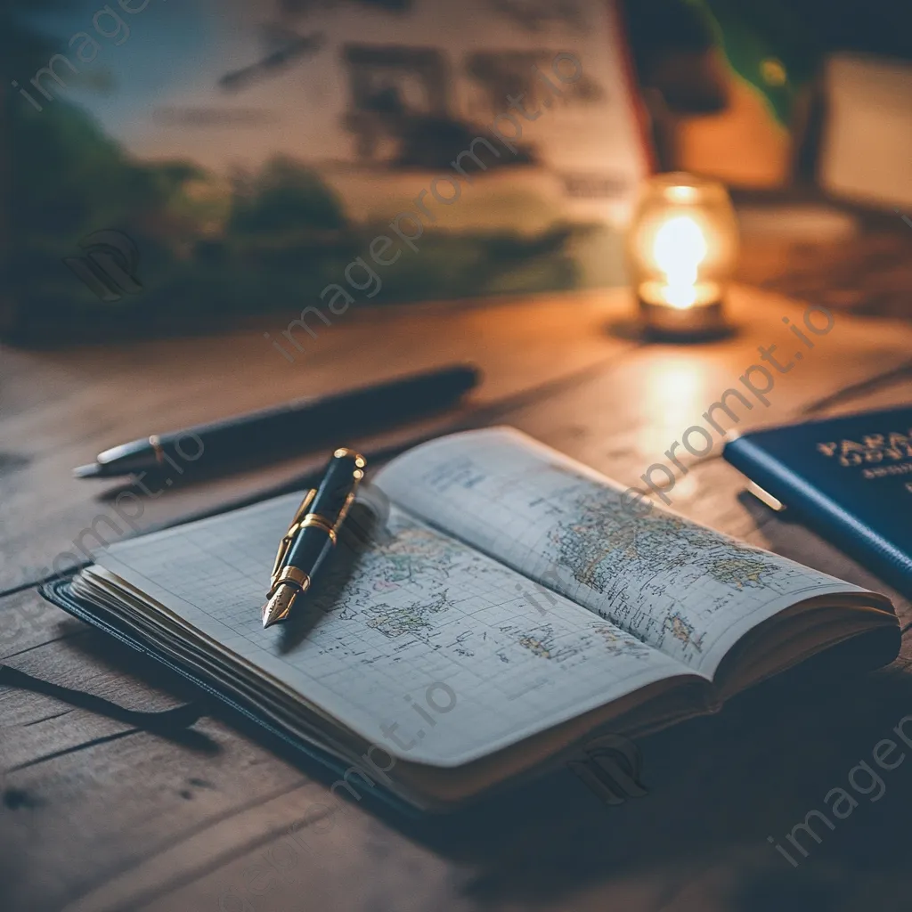 Close-up of a travel journal and passport on a wooden table - Image 2