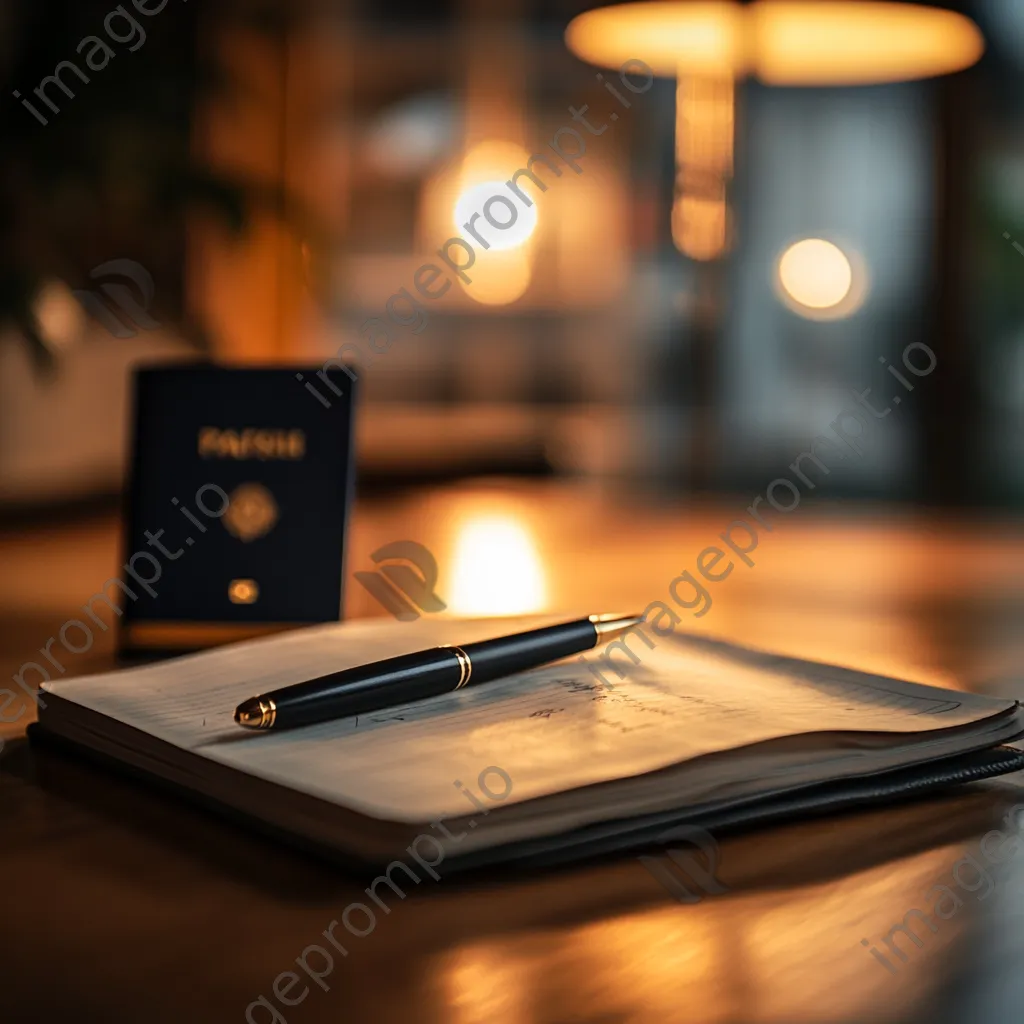 Close-up of a travel journal and passport on a wooden table - Image 3