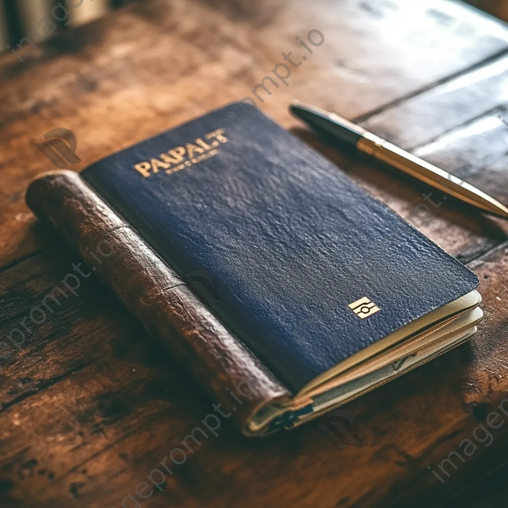 Close-up of a travel journal and passport on a wooden table - Image 4