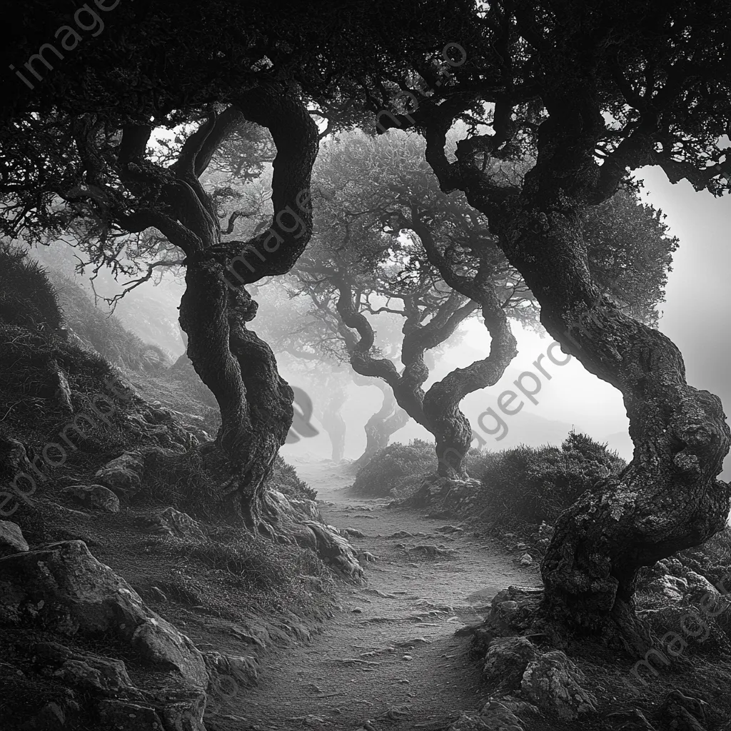 Ancient tree path with twisted trees against misty hills - Image 1