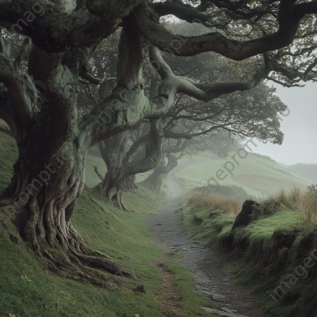 Ancient tree path with twisted trees against misty hills - Image 2