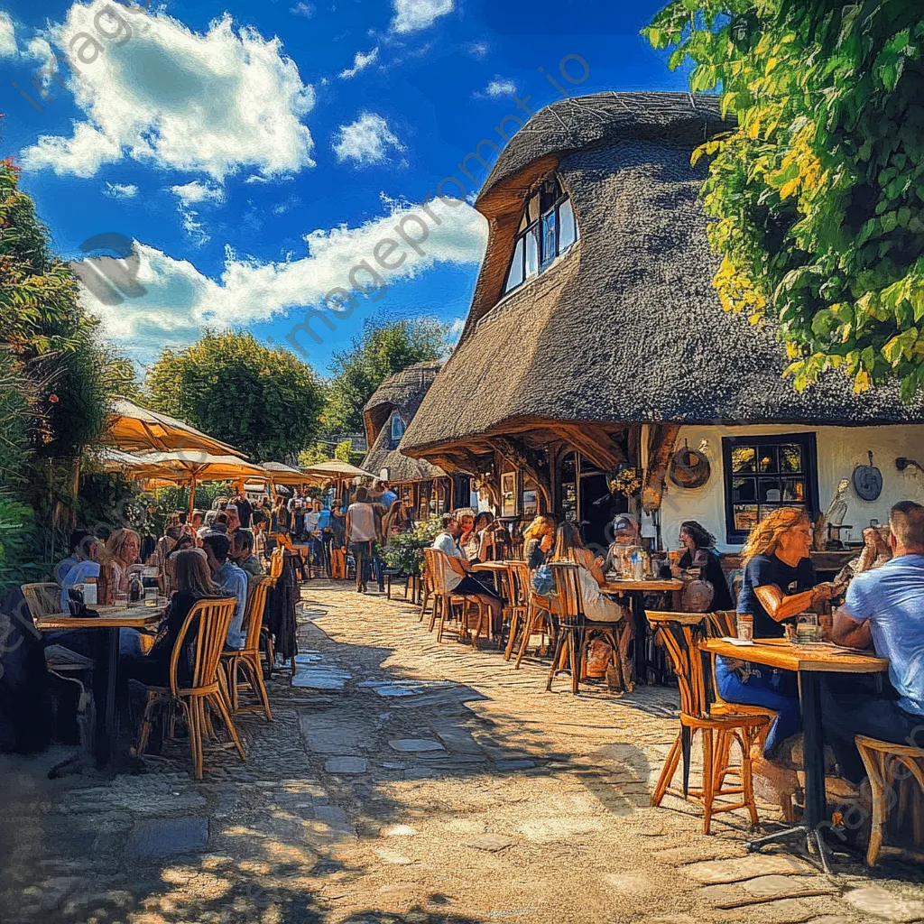 Lively tavern with thatched roof and outdoor patrons - Image 1