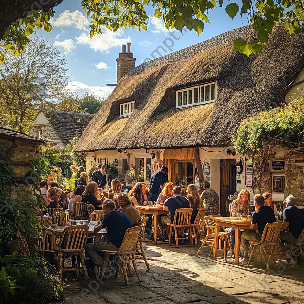 Lively tavern with thatched roof and outdoor patrons - Image 2