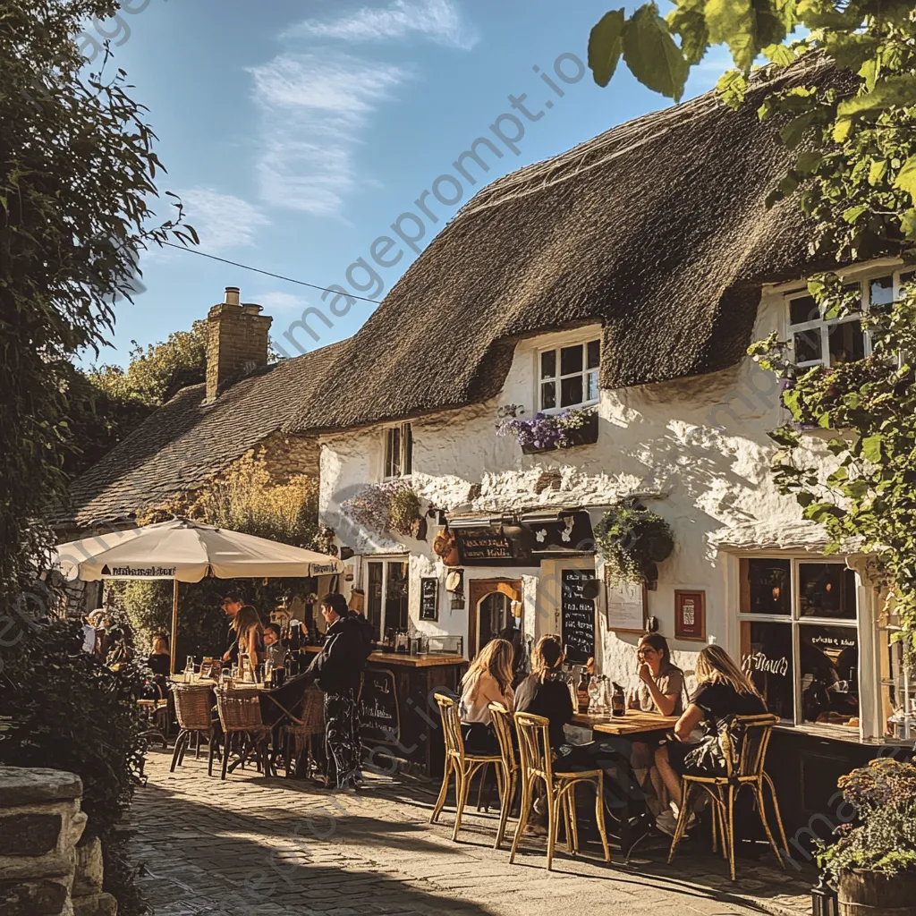 Lively tavern with thatched roof and outdoor patrons - Image 3