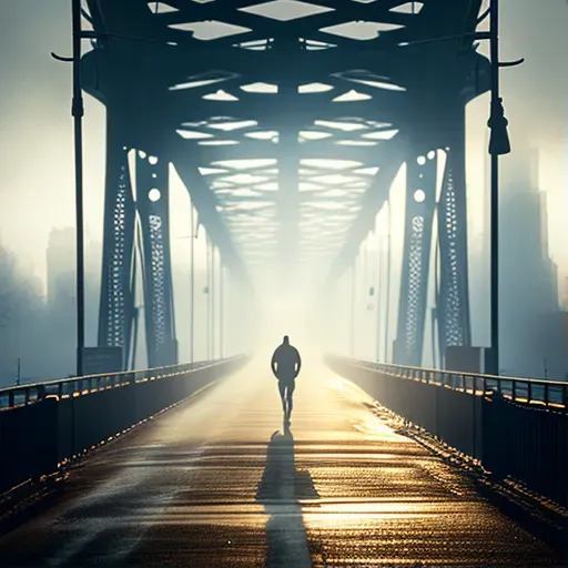 Solitary jogger on an urban bridge at dawn with misty skyline - Image 1