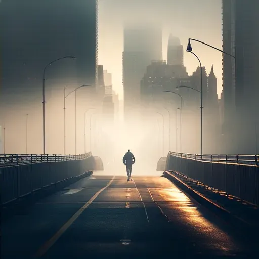 Solitary jogger on an urban bridge at dawn with misty skyline - Image 2