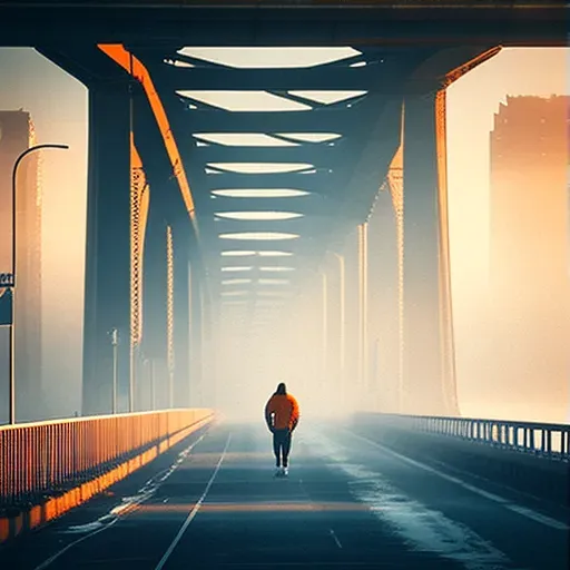 Solitary jogger on an urban bridge at dawn with misty skyline - Image 3