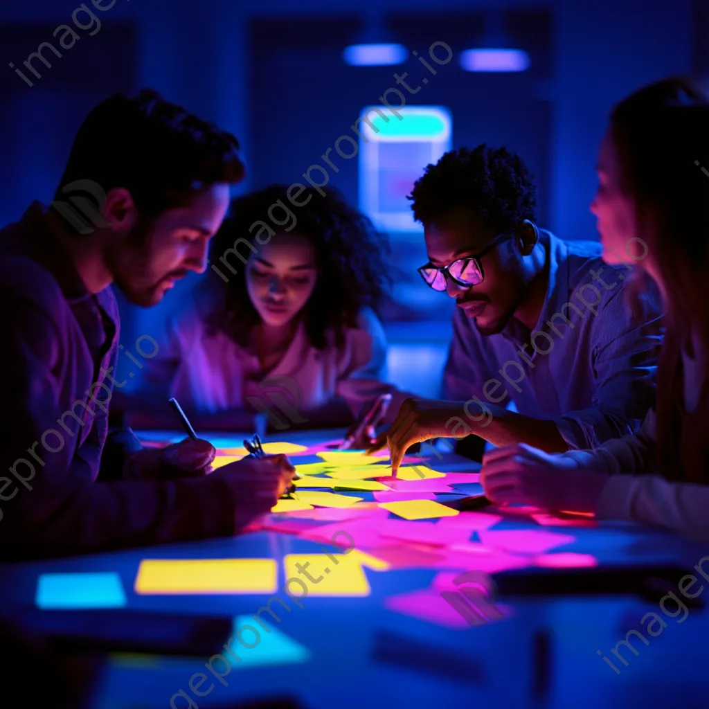 Diverse team engaged in a planning meeting with sticky notes and bright lighting. - Image 1