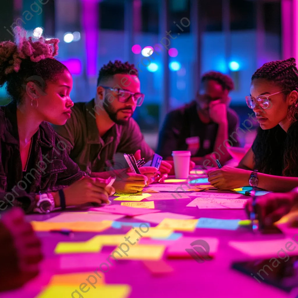 Diverse team engaged in a planning meeting with sticky notes and bright lighting. - Image 2