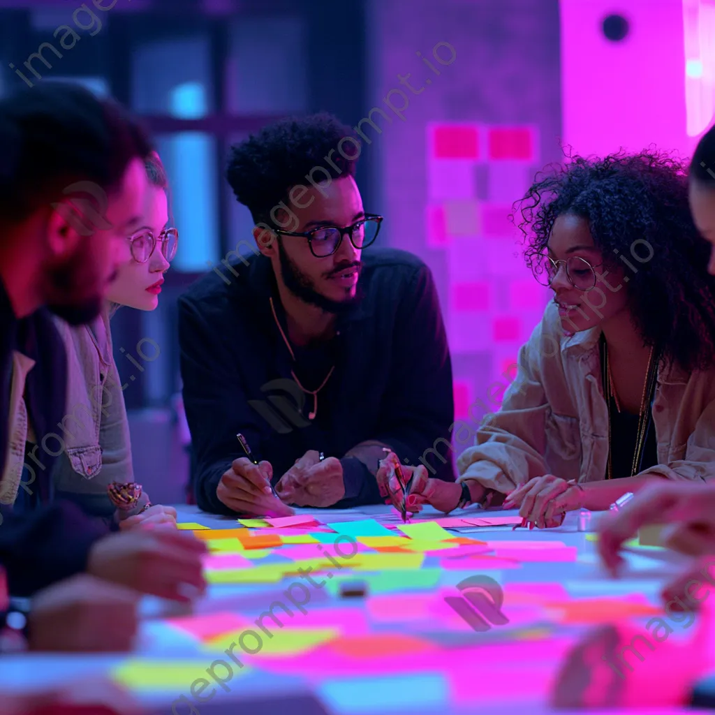 Diverse team engaged in a planning meeting with sticky notes and bright lighting. - Image 3