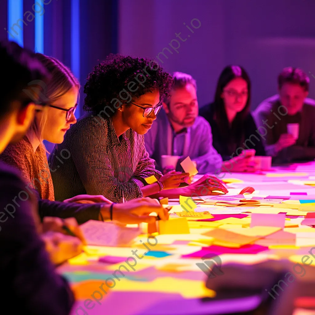 Diverse team engaged in a planning meeting with sticky notes and bright lighting. - Image 4