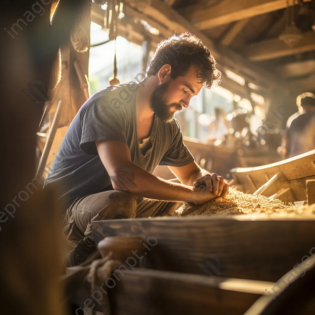 An apprentice learning boat building from a master craftsman in a workshop - Image 2