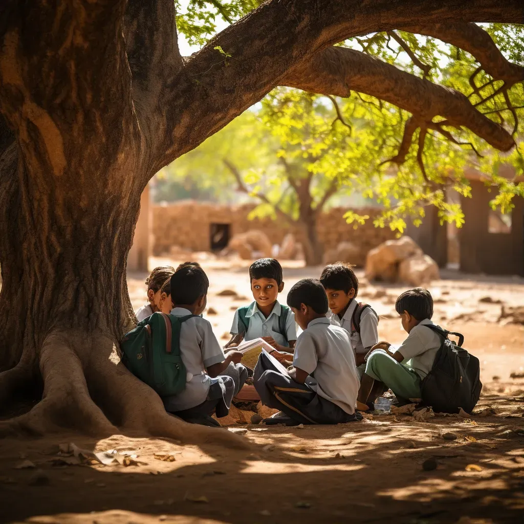 School children studying under a tree in underprivileged area - Image 1