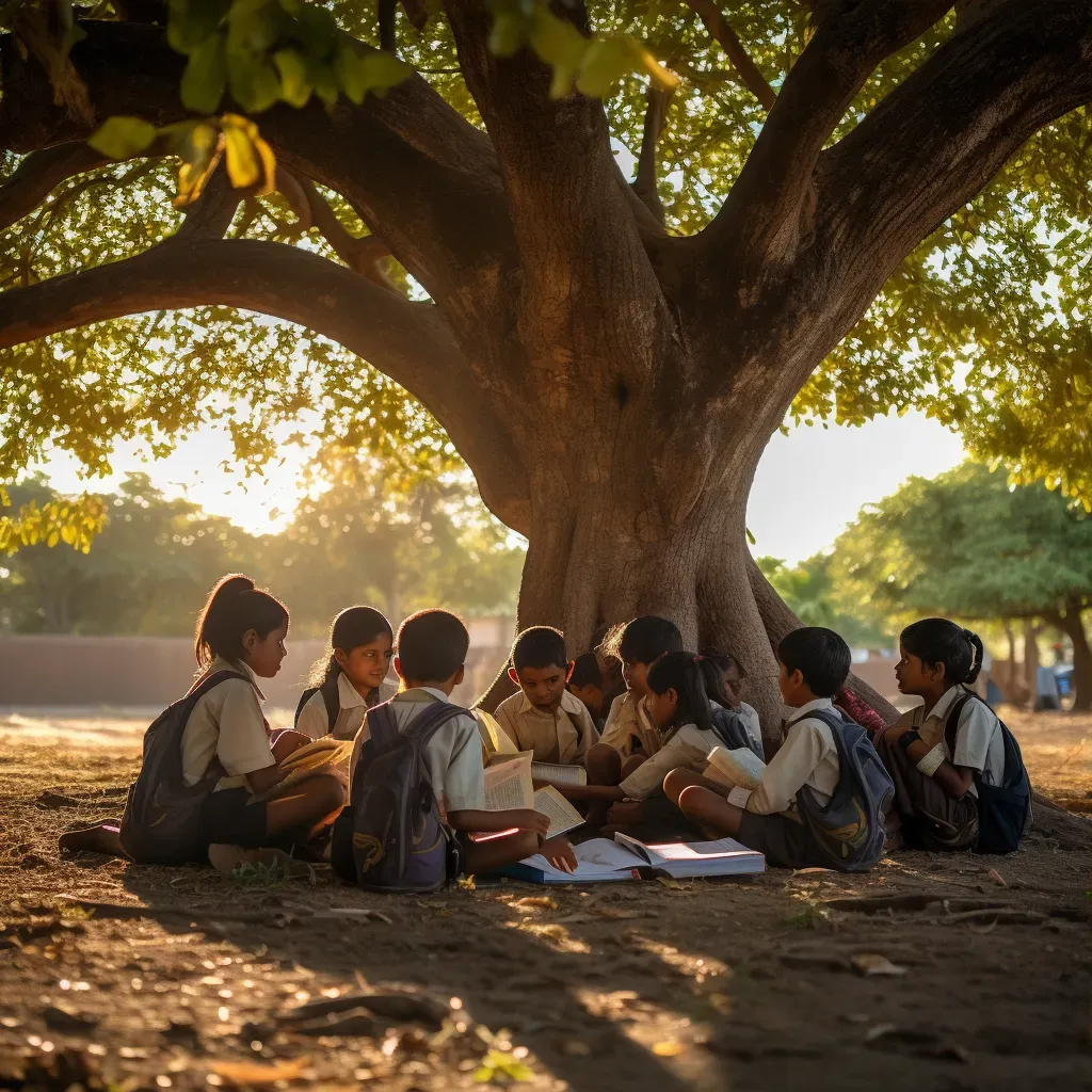 School children studying under a tree in underprivileged area - Image 3