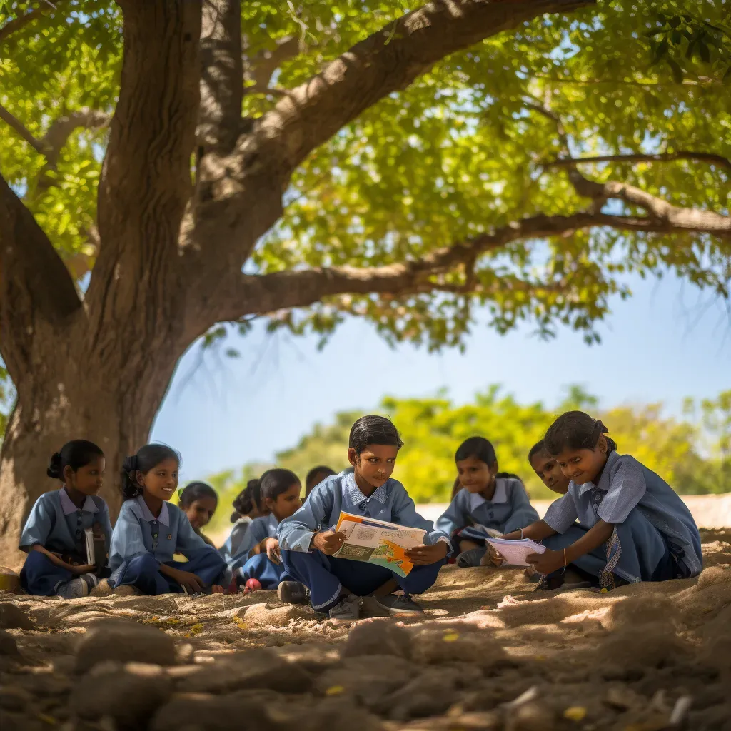 School children studying under a tree in underprivileged area - Image 4