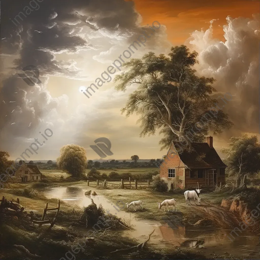 Idyllic rural landscape on a cracked canvas hinting at the looming menace of global warming - Image 1