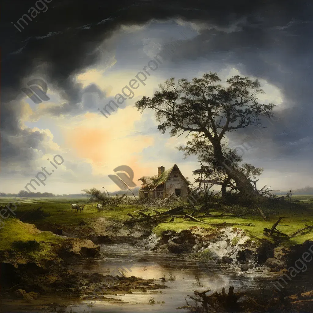 Idyllic rural landscape on a cracked canvas hinting at the looming menace of global warming - Image 2