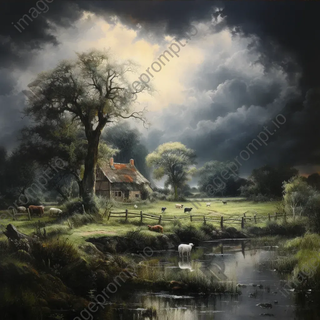 Idyllic rural landscape on a cracked canvas hinting at the looming menace of global warming - Image 3