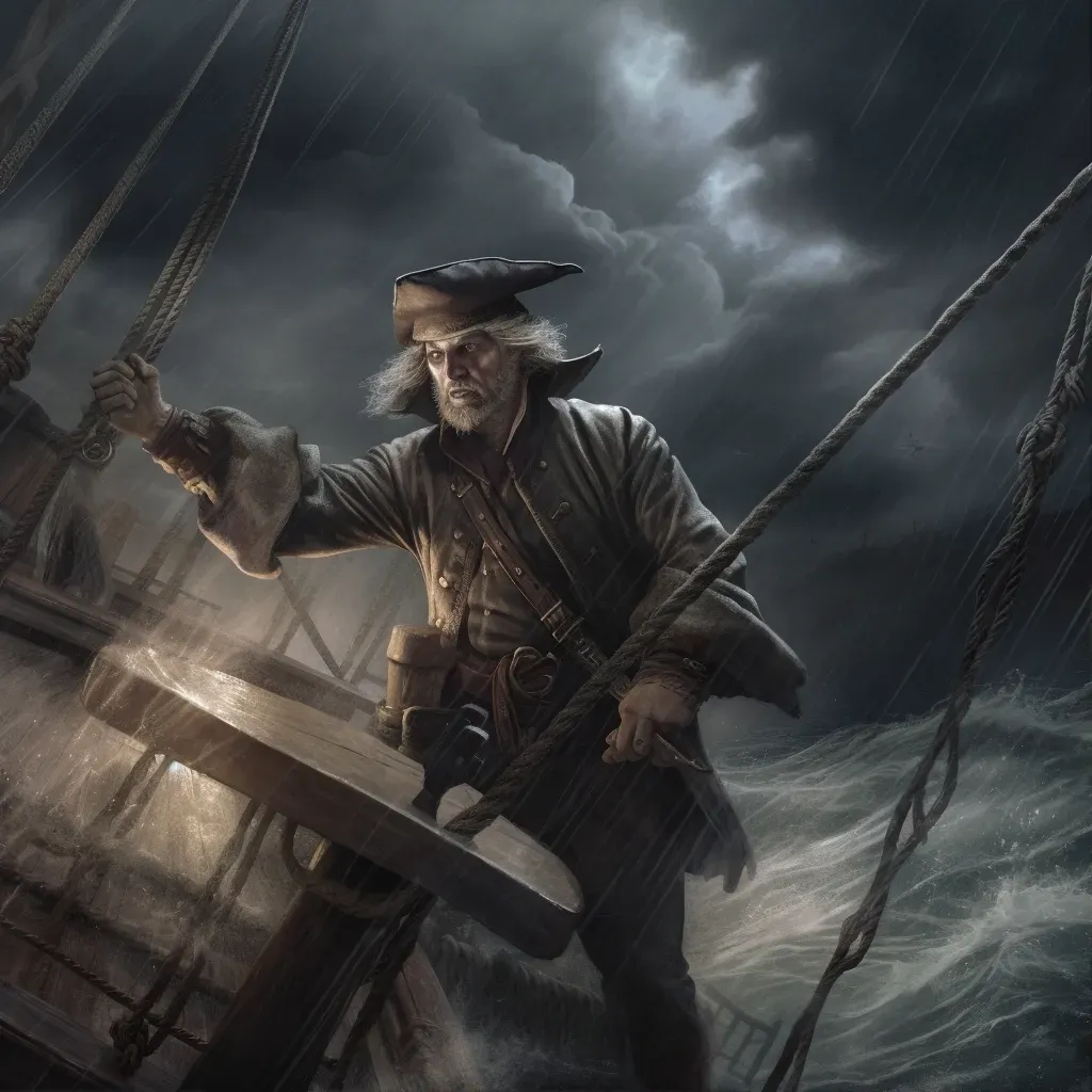 Pirate captain steering ship through storm in image prompt - Image 1