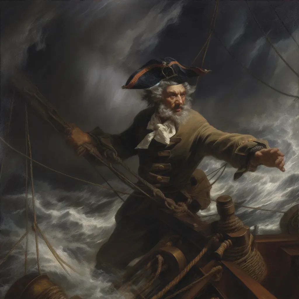 Pirate captain steering ship through storm in image prompt - Image 4