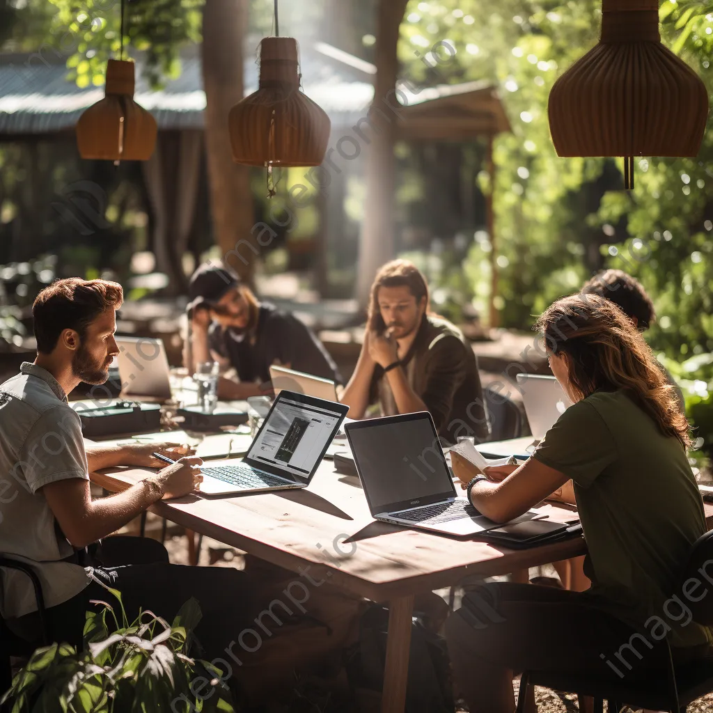 Individuals brainstorming in nature with laptops - Image 1