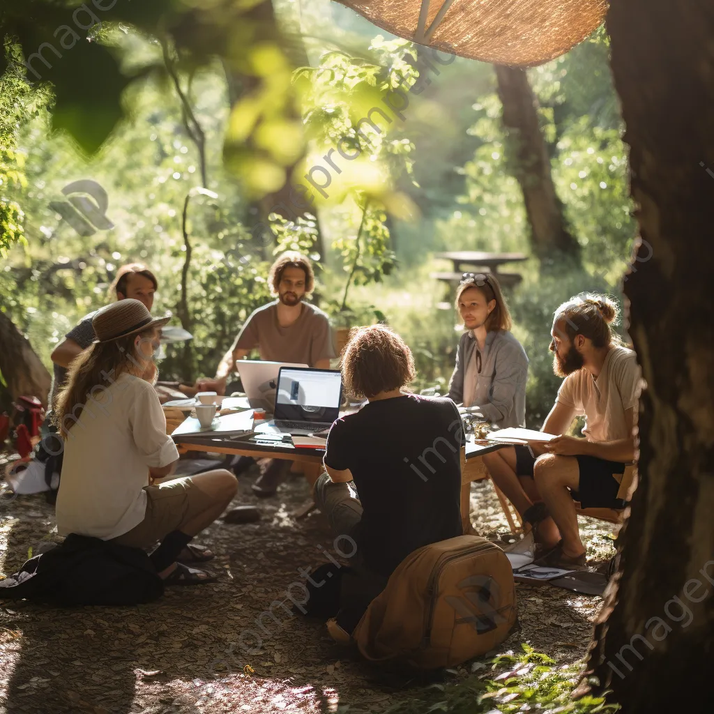 Individuals brainstorming in nature with laptops - Image 2