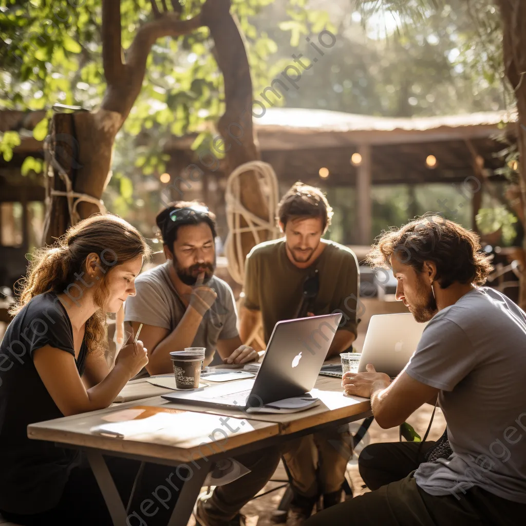 Individuals brainstorming in nature with laptops - Image 4