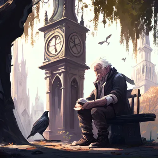 Elderly man feeding birds near clock tower in park - Image 1